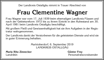 Traueranzeige von Clementine Wagner von Allgäuer Zeitung, Füssen