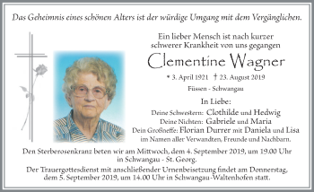 Traueranzeige von Clementine Waner von Allgäuer Zeitung, Füssen