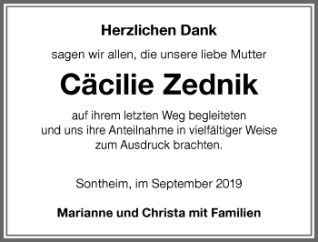 Traueranzeige von Cäcilie Zednik von Memminger Zeitung