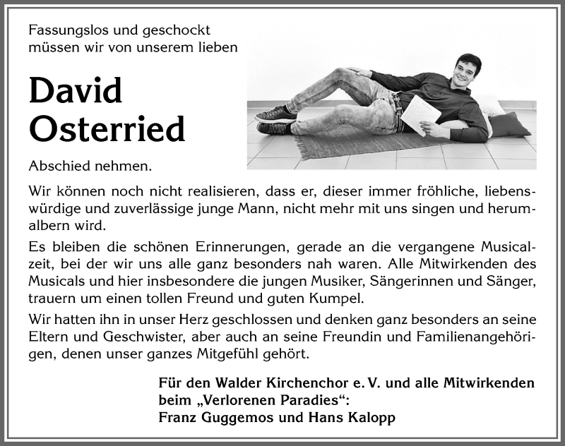  Traueranzeige für David Osterried vom 18.09.2019 aus Allgäuer Zeitung, Marktoberdorf