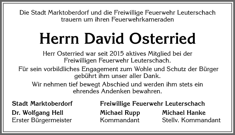  Traueranzeige für David Osterried vom 18.09.2019 aus Allgäuer Zeitung, Marktoberdorf