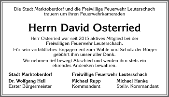 Traueranzeige von David Osterried von Allgäuer Zeitung, Marktoberdorf
