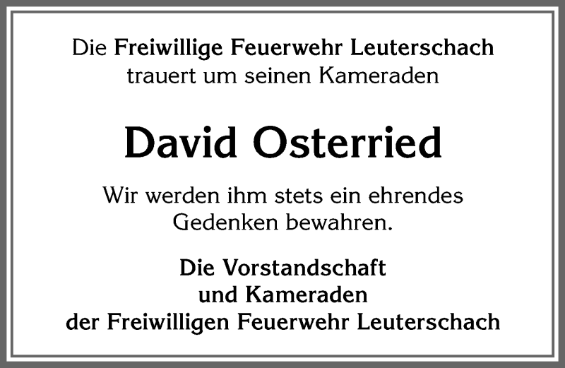  Traueranzeige für David Osterried vom 18.09.2019 aus Allgäuer Zeitung, Marktoberdorf
