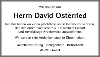 Traueranzeige von David Osterried von Allgäuer Zeitung, Marktoberdorf