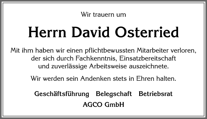  Traueranzeige für David Osterried vom 21.09.2019 aus Allgäuer Zeitung, Marktoberdorf