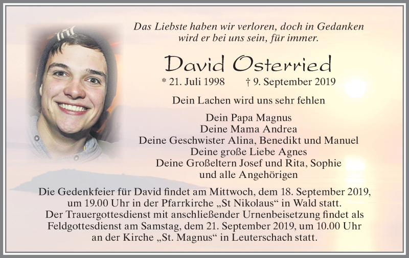  Traueranzeige für David Osterried vom 17.09.2019 aus Allgäuer Zeitung