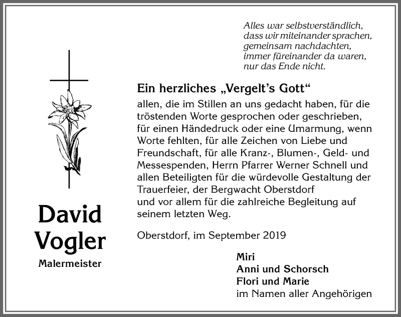  Traueranzeige für David Vogler vom 21.09.2019 aus Allgäuer Anzeigeblatt