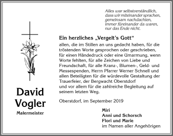 Traueranzeige von David Vogler von Allgäuer Anzeigeblatt