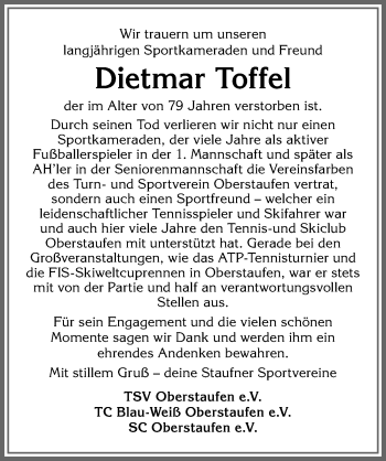 Traueranzeige von Dietmar Toffel von Allgäuer Anzeigeblatt