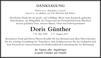 Traueranzeige von Doris Günther von Der Westallgäuer