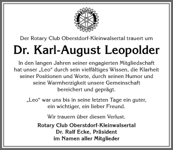 Traueranzeige von Dr. Karl-August Leopolder von Allgäuer Anzeigeblatt