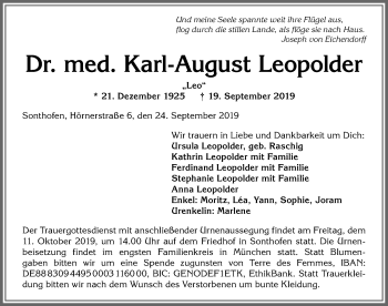 Traueranzeige von Dr. med. Karl-August Leopolder von Allgäuer Anzeigeblatt