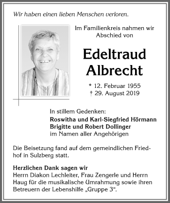 Traueranzeige von Edeltraud Albrecht von Allgäuer Zeitung,Kempten