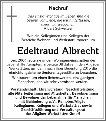 Traueranzeige von Edeltraud Albrecht von Allgäuer Zeitung,Kempten