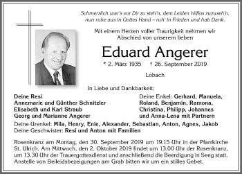 Traueranzeige von Eduard Angerer von Allgäuer Zeitung, Füssen