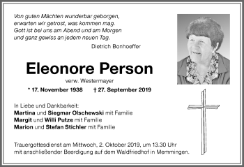Traueranzeige von Eleonore Person von Memminger Zeitung