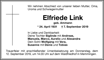 Traueranzeige von Elfriede Link von Memminger Zeitung