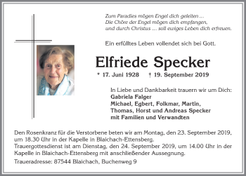 Traueranzeige von Elfriede Specker von Allgäuer Anzeigeblatt