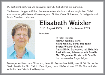Traueranzeige von Elisabeth Weixler von Allgäuer Zeitung,Kempten