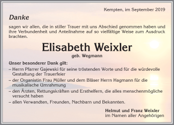 Traueranzeige von Elisabeth Weixler von Allgäuer Zeitung,Kempten