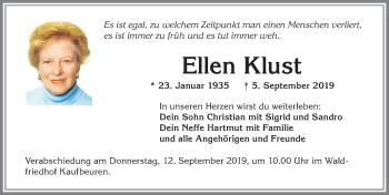 Traueranzeige von Ellen Klust von Allgäuer Zeitung, Kaufbeuren/Buchloe