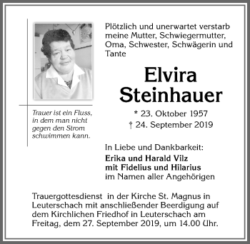 Traueranzeige von Elvira Steinhauer von Allgäuer Zeitung, Marktoberdorf