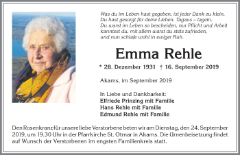 Traueranzeige von Emma Rehle von Allgäuer Anzeigeblatt