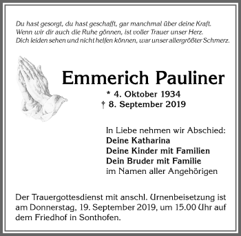 Traueranzeige von Emmerich Pauliner von Allgäuer Anzeigeblatt
