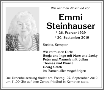 Traueranzeige von Emmi Steinhauser von Allgäuer Anzeigeblatt