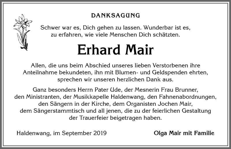  Traueranzeige für Erhard Mair vom 03.09.2019 aus Allgäuer Zeitung,Kempten