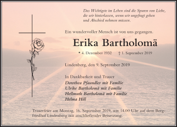 Traueranzeige von Erika Bartholomä von Der Westallgäuer