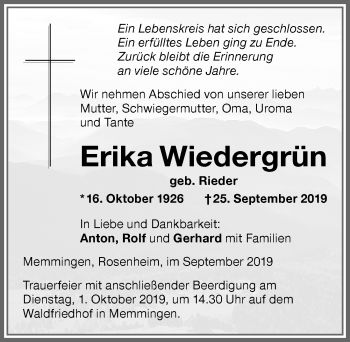 Traueranzeige von Erika Wiedergrün von Memminger Zeitung