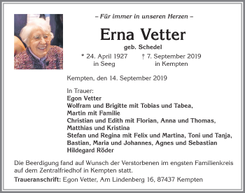 Traueranzeige von Erna Vetter von Allgäuer Zeitung,Kempten