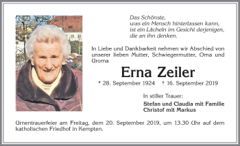 Traueranzeige von Erna Zeiler von Allgäuer Zeitung,Kempten