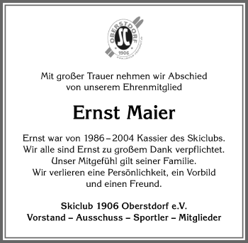 Traueranzeige von Ernst Maier von Allgäuer Anzeigeblatt