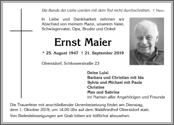 Traueranzeige von Ernst Maier von Allgäuer Anzeigeblatt