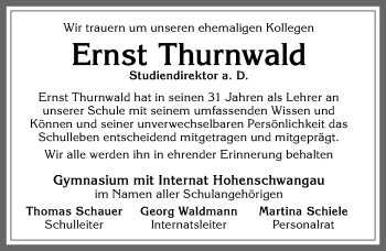 Traueranzeige von Ernst Thurnwald von Allgäuer Zeitung, Füssen