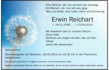 Traueranzeige von Erwin Reichart von Der Westallgäuer