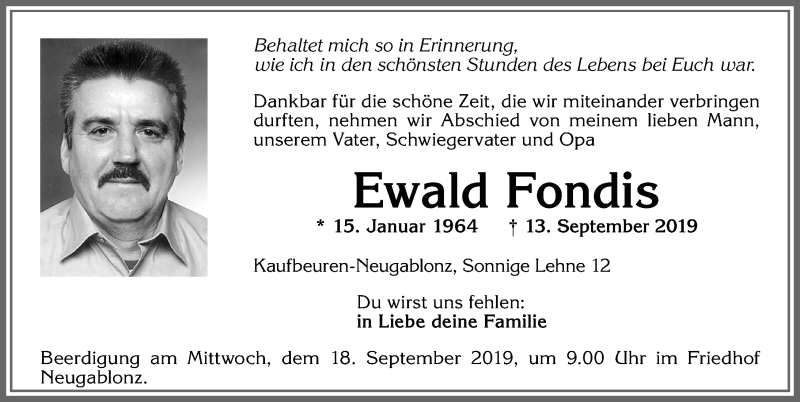  Traueranzeige für Ewald Fondis vom 17.09.2019 aus Allgäuer Zeitung, Kaufbeuren/Buchloe