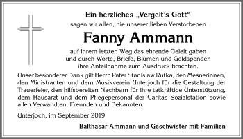 Traueranzeige von Fanny Ammann von Allgäuer Anzeigeblatt