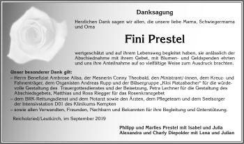 Traueranzeige von Fini Prestel von Allgäuer Zeitung,Kempten