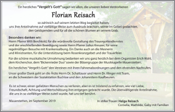 Traueranzeige von Florian Reisach von Allgäuer Zeitung, Kaufbeuren/Buchloe