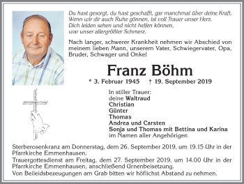 Traueranzeige von Franz Böhm von Allgäuer Zeitung, Kaufbeuren/Buchloe
