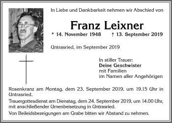 Traueranzeige von Franz Leixner von Allgäuer Zeitung, Marktoberdorf