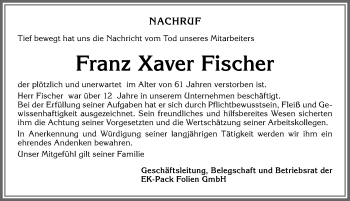 Traueranzeige von Franz Xaver Fischer von Allgäuer Zeitung,Kempten