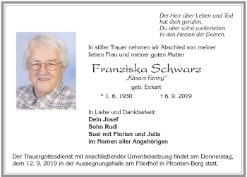 Traueranzeige von Franziska Schwarz von Allgäuer Zeitung, Füssen