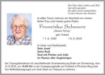 Traueranzeige von Franziska Schwarz von Allgäuer Zeitung, Füssen