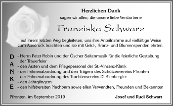 Traueranzeige von Franziska Schwarz von Allgäuer Zeitung, Füssen