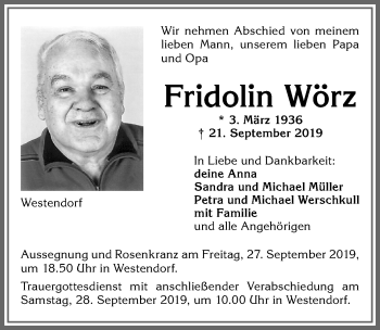 Traueranzeige von Fridolin Wörz von Allgäuer Zeitung, Kaufbeuren/Buchloe