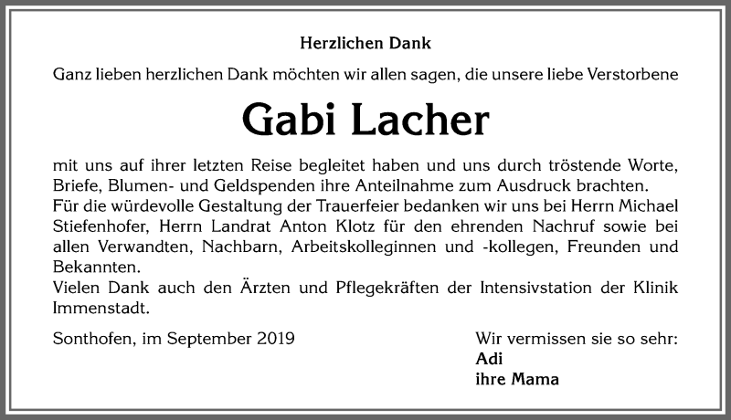  Traueranzeige für Gabi Lacher vom 07.09.2019 aus Allgäuer Anzeigeblatt
